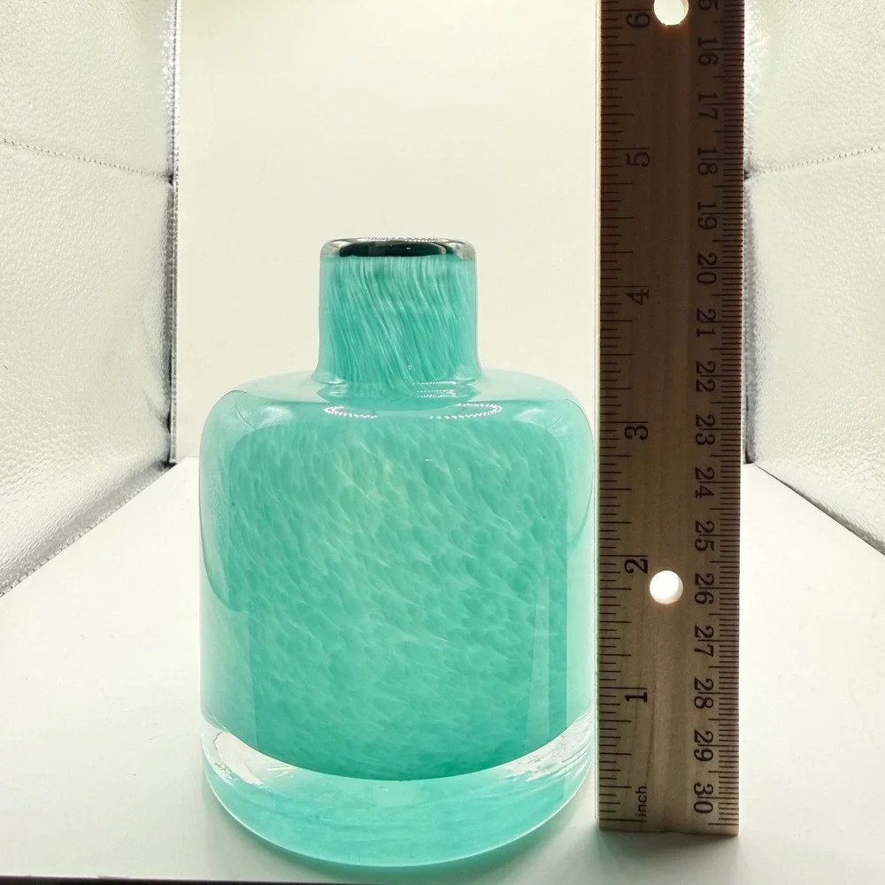 Hand-Blown Glass Vase‎ Home Decor Medium Turquoise Swirl Silver Rim Modern